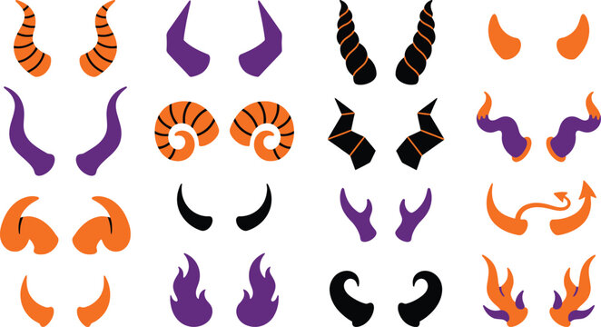 Halloween devil horn icons in purple, black, and orange for commercial design