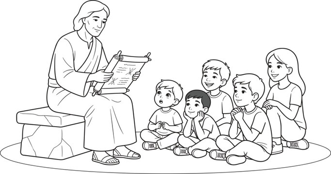 Jesus Teaching Children from Scripture Line Art Vector Illustration for Christian Religious Education