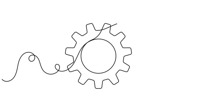 Mechanical cog gear wheel icon sign continuous one line drawing moving on white background minimalist single art financial automation science and service for industrial symbol animation video