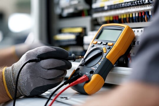 Electrician using a multimeter to test electrical panel wiring and circuit breakers in industrial setting