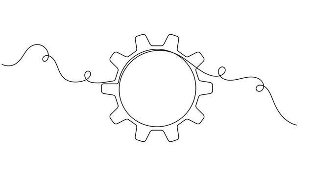 Mechanical cog gear wheel icon sign continuous one line drawing moving on white background minimalist single art financial automation science and service for industrial symbol animation video