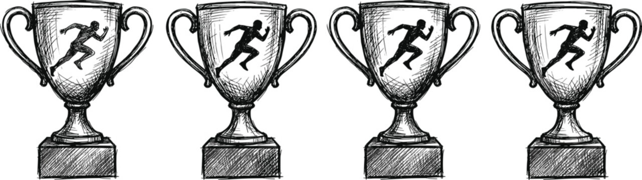 Hand Drawn Sports Trophy Cup Icon Set with Running Athlete Silhouette Sketches for Marathon Awards Athletics Championships and Sports Graphic Layouts