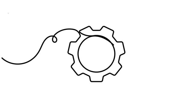 Mechanical cog gear wheel icon sign continuous one line drawing moving on white background minimalist single art financial automation science and service for industrial symbol animation video
