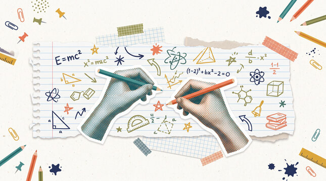 Creative education collage with hands drawing math and science doodle on torn notebook paper