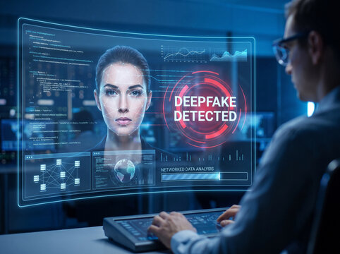 Cybersecurity Expert Detecting Deepfake Identity on Futuristic Digital Interface for Fraud Prevention