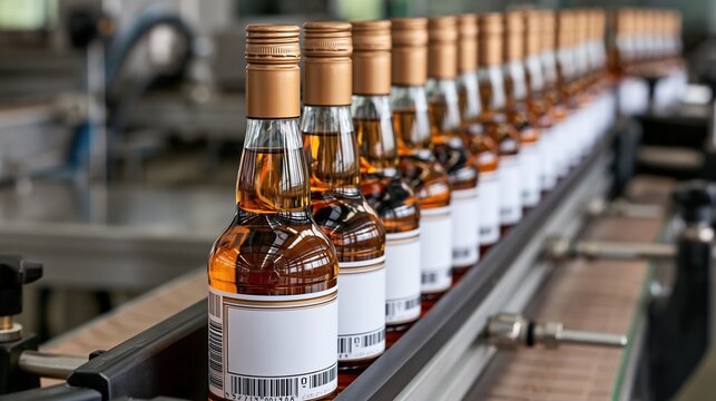Lineup of Amber Liquor Bottles Moving on Automated Conveyor Belt in Distillery Production Facility