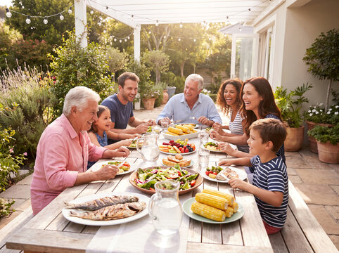 Happy Multi-Generational Caucasian Family Enjoying Outdoor Dinner Party Together on Summer Patio for Healthy Lifestyle Concept