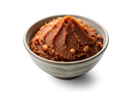Rich Red Miso Paste in a Ceramic Bowl on White Background.