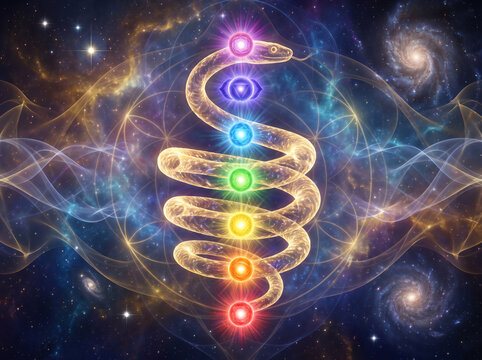 Mystical Glowing Snake Spiraling Upwards Against a Cosmic Background with Chakras and Sacred Geometry Representing Spiritual Energy and Enlightenment
