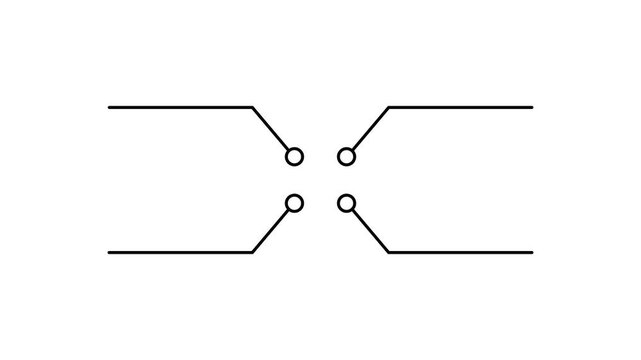 Minimalist white lines forming an abstract geometric shape with two circles and a single line on a clean white background