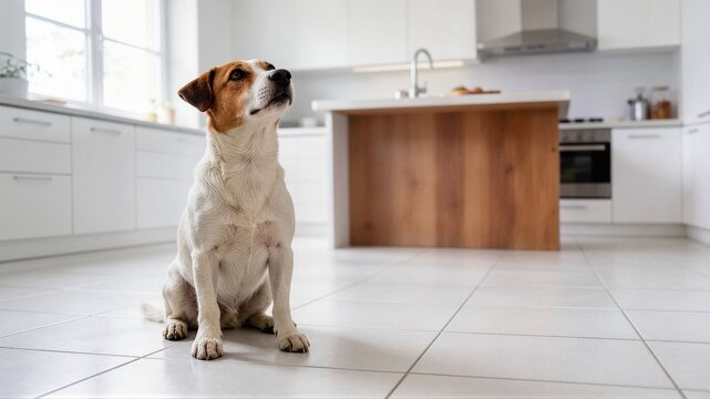 Jack Russell dog sitting on modern white kitchen floor looking up attentively ideal for pet food banner advertising and adoption campaign