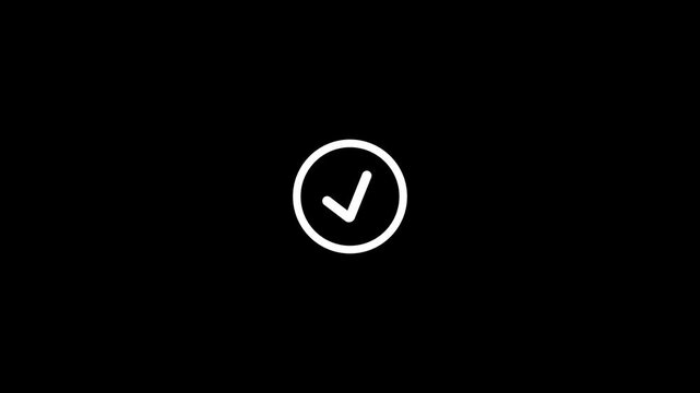 A simple white check mark symbol enclosed within a thin white circular outline centered on a solid black background representing confirmation or completion of a task or process. Keywords: check