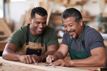 Obraz premium Two happy men working together in a woodworking shop, smiling and inspecting a piece of wood