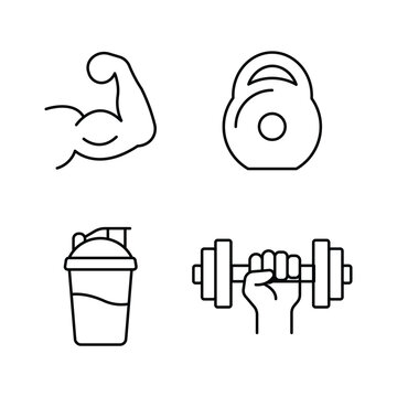 Linear fitness icons displaying muscle arm, kettlebell, protein shaker bottle, and barbell.