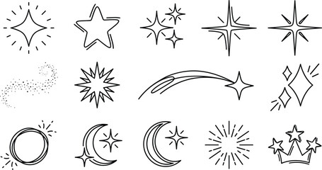Hand Drawn Celestial Icon Set with Sparkles Stars Crescent Moon Shooting Star Sunburst and Crown Doodle Elements for Magical Graphic Designs © MD