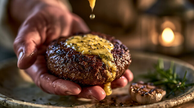 Chef holding fresh beef patty with herb butter melting on top, culinary