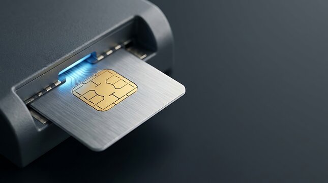 Metal credit card with gold chip inserted into card reader