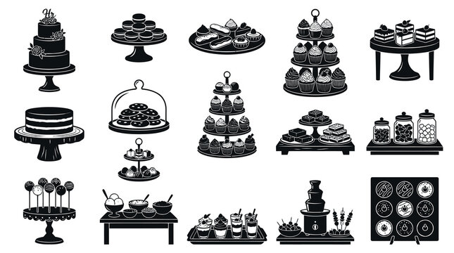 Black and White Glyph Icons Set of Sweet Desserts, Pastries, and Baked Goods for Food Industry
