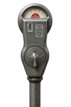 Classic parking meter on city sidewalk displaying expired time. Public urban parking payment device with red violation flag visible for municipal e...