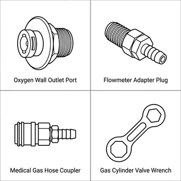 Medical Gas Fittings: Oxygen Outlet, Flowmeter Plug, Hose Coupler, Valve Wrench