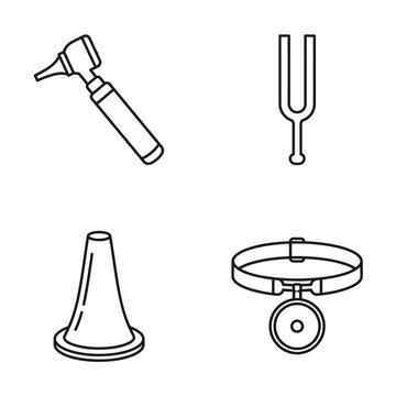 Medical Instruments Icon Set: Otoscope, Tuning Fork, Speculum, Head Mirror