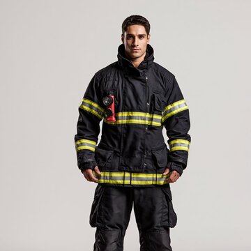Male firefighter stands in fire protection equipment and uniform with a confident expression, occupational safety and rescue expertise in a clean studio setting.