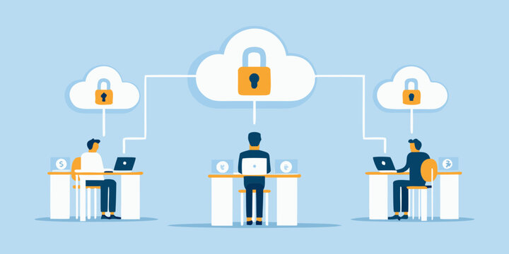 three people working at desks with cloud icons and locks flat vector illustration remote work collaboration technology security connectivity teamwork business communication digital