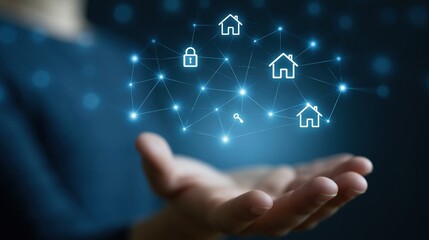 Fototapeta premium Digital Network of Connected Smart Homes and Security Icons Hovering Over a Hand