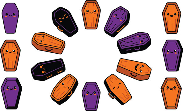 Collection of colorful cartoon coffins in Halloween design elements
