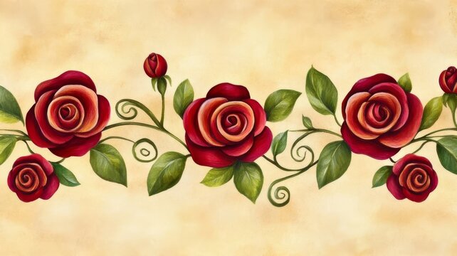 Elegant hand painted red rose floral border design on parchment paper texture background for artistic projects.