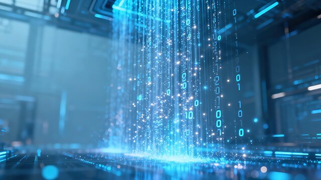 Cyan blue glowing binary code digital waterfall vertical falling data center scene, light particles drifting code rain banner cover