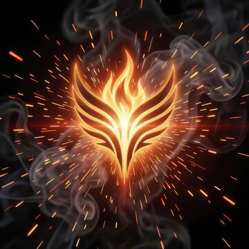 Fiery demon mask with glowing eyes and sparks explosion. Dark fantasy evil face igniting flames for Halloween horror and gaming concept