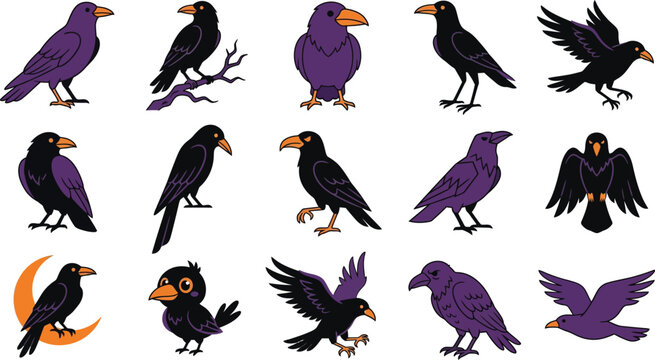 Spooky black and purple ravens illustration set for Halloween designs and creative projects
