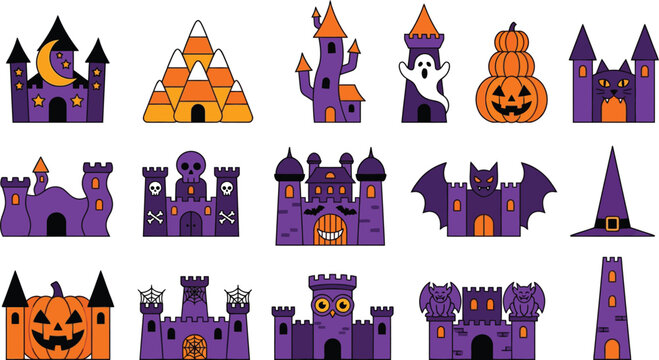 Halloween themed castle and spooky element illustrations set for design and decoration