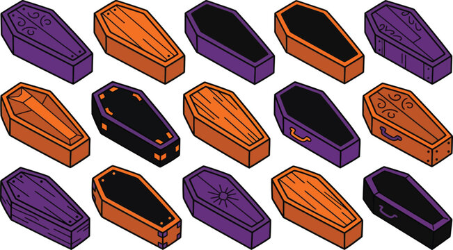 Halloween coffins illustration set in purple and orange tones for spooky designs