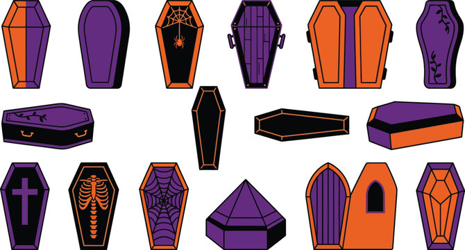 Spooky Halloween coffins and tombstones in purple and orange for dark themed designs