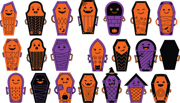 Cute cartoon Halloween coffin icons set with smiling faces and spooky designs for festive decoration
