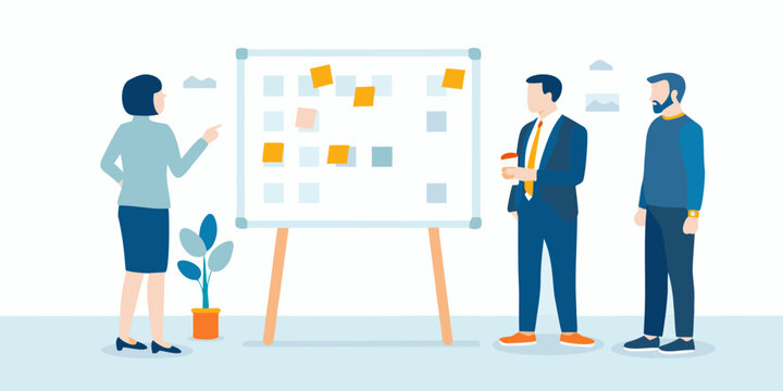 team brainstorming session flat vector illustration people collaboration discussion ideas whiteboard post it notes meeting workplace office strategy planning design graphic art concept communication