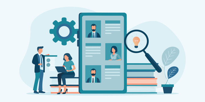 recruitment concept flat vector illustration with people profiles gear magnifying glass design job hiring talent search process human resources workforce employment career opportunity