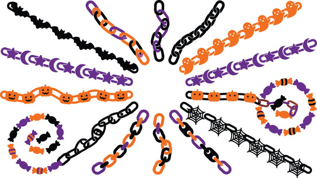 Halloween themed decorative chain garlands in orange, black, and purple for spooky party decorations
