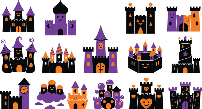 Halloween themed cartoon castle illustrations in purple, orange, and black for spooky designs and festive decorations