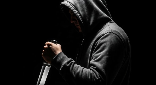 Dangerous Hooded Man Holding a Large Knife in the Dark, Concept of Crime, Violence, and Mystery