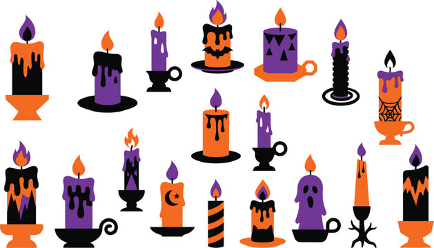 Spooky Halloween candle collection in orange black and purple for design projects