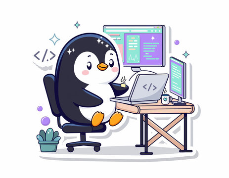 Cute vector illustration of a clever penguin programmer working on a laptop at a desk with multiple monitors, coding and developing software in a cozy office setting