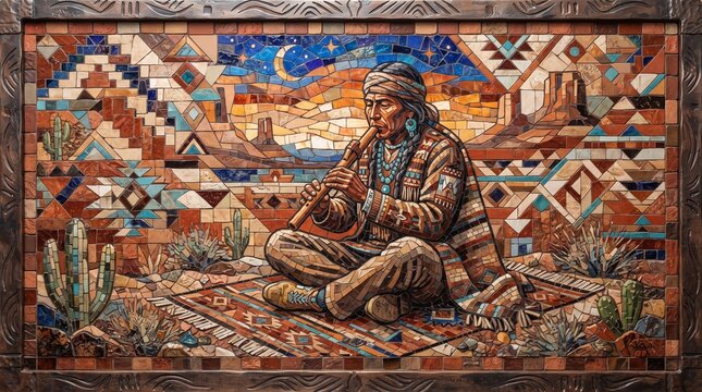 Mosaic Artwork Inspired by Southwestern Desert Featuring Native American Flute Player