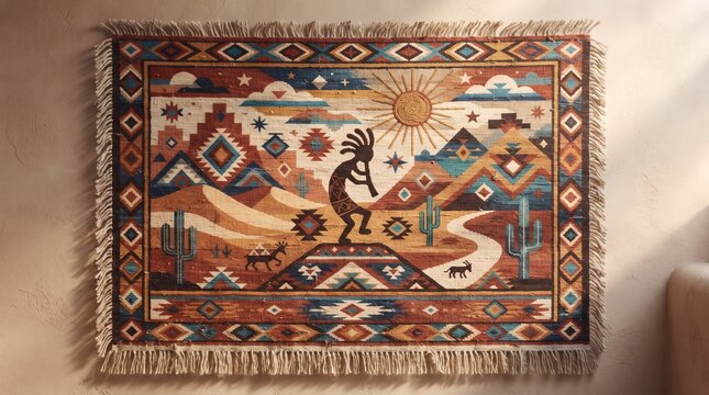 Textile Illustration with Desert Motifs and Kokopelli Hanging on Wall as Tapestry