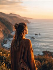 Fototapeta premium Woman traveler watching ocean sunset from cliff edge on scenic coastal hiking trail