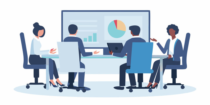 diverse business team meeting flat vector illustration people group collaboration workplace office discussion chart graph presentation design graphic art visual communication strategy planning