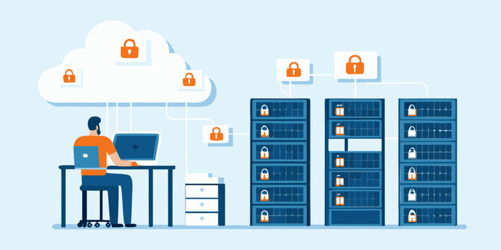 cloud security concept flat vector illustration lock server data protection network privacy technology internet computer workstation user interface digital storage encryption cyber safety