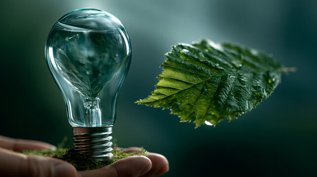 Human hand holding a light bulb with an integrated green leaf inside